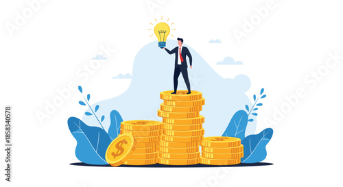 Successful businessman standing on a growing stack of gold coins holding a glowing light bulb representing creative financial ideas and investment.