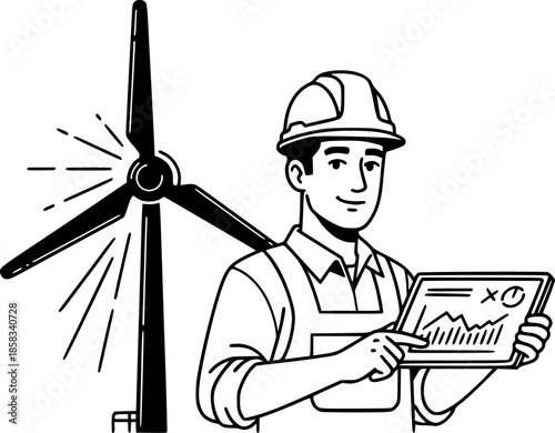 Wind energy technician engineer with tablet renewable power vector illustration
