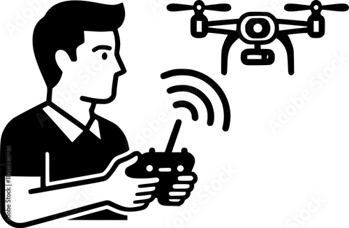 Man operating drone with remote controller technology vector icon
