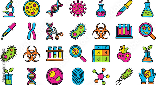 Microbiology, Genetics, Biology and Laboratory Science Icon Set