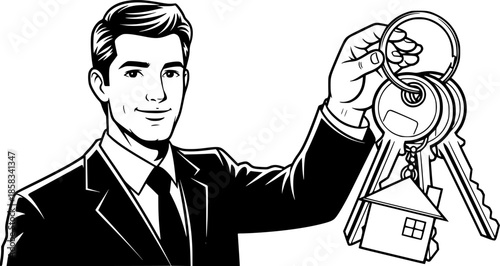 Real estate agent man holding house keys property sales vector icon
