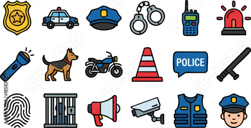 Police, Law Enforcement, Security and Crime Icon Set