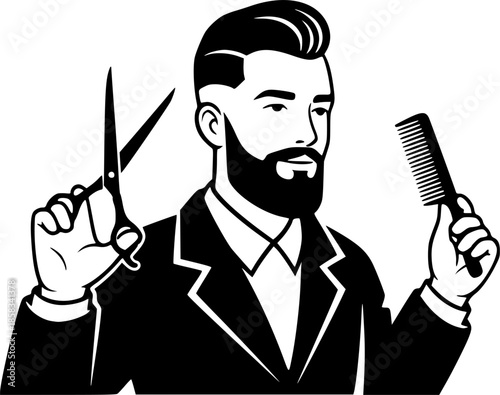 Barber man holding scissors and comb hair styling vector icon
