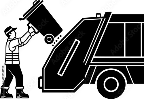 Sanitation worker man emptying trash can into truck vector icon
