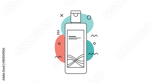 Minimalist white cosmetic bottle packaging for shampoo or body wash featuring thin lines and abstract shapes in soft pastel colors.