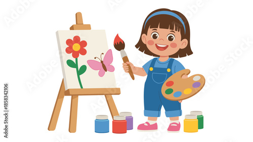 A cheerful young girl joyfully painting a vibrant flower and butterfly on an easel