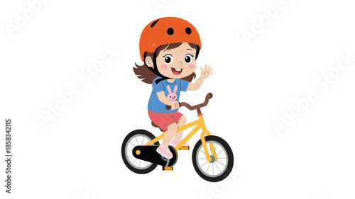 A cheerful young girl riding her yellow bicycle safely with an orange helmet