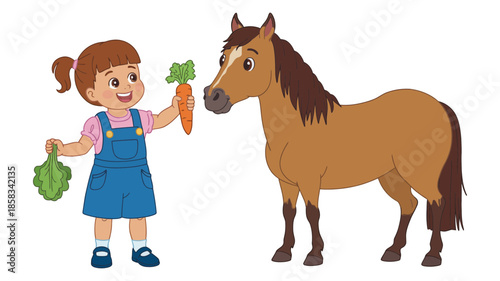 A cheerful girl offering a carrot and fresh vegetables to a friendly brown horse