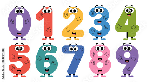 Colorful cartoon numbers 0-9 with funny faces and feet for educational content