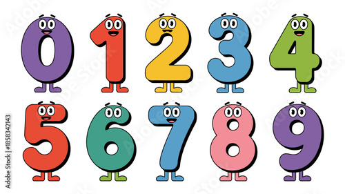 Colorful cartoon numbers from zero to nine with playful faces for early learning fun