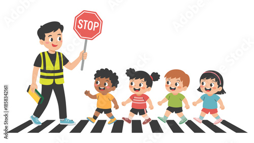 A friendly crossing guard helping four happy children safely cross the road at a zebra crossing