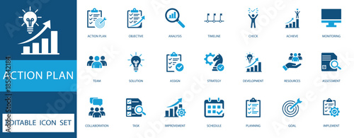 Action plan icon set featuring strategy, goal, management, and project development elements in blue flat style for corporate workflow and success.