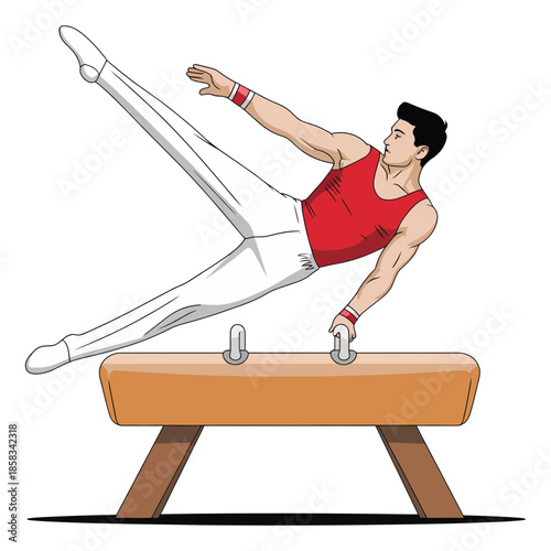 Male gymnast performing a dynamic routine on the pommel horse during a competition