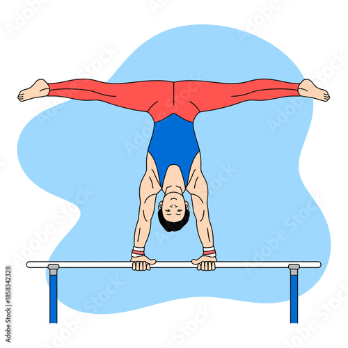 A male gymnast performs an impressive handstand split on parallel bars in a stylized illustration