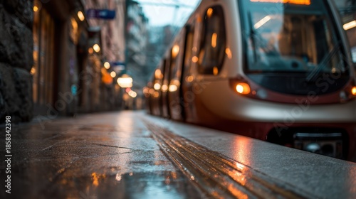A striking image of a train arriving at a rain-soaked platform, capturing the essence of urban life in a mesmerizing evening ambiance filled with reflections and warm lights.
