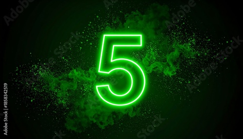 A vibrant, neon green number five glows against a dark, smokey backdrop. The digit is centered, surrounded by exploding particles
