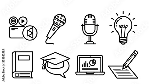 Collection of Creative Line Icons Representing Media, Education, and Ideas.