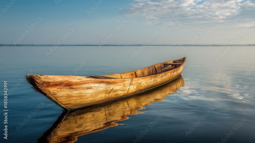 Obraz premium An artisanal wooden boat floats calmly on serene blue waters near the horizon,