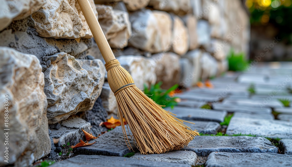 custom made wallpaper toronto digitalA rustic straw broom rests against a weathered stone wall, its natural bristles poised to sweep fallen leaves from the textured outdoor paving stones, evoking a sense of calm 