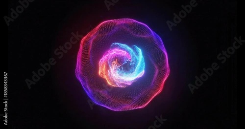 A vibrant abstract orb of glowing particles in shades of pink, blue, and red against a dark background.