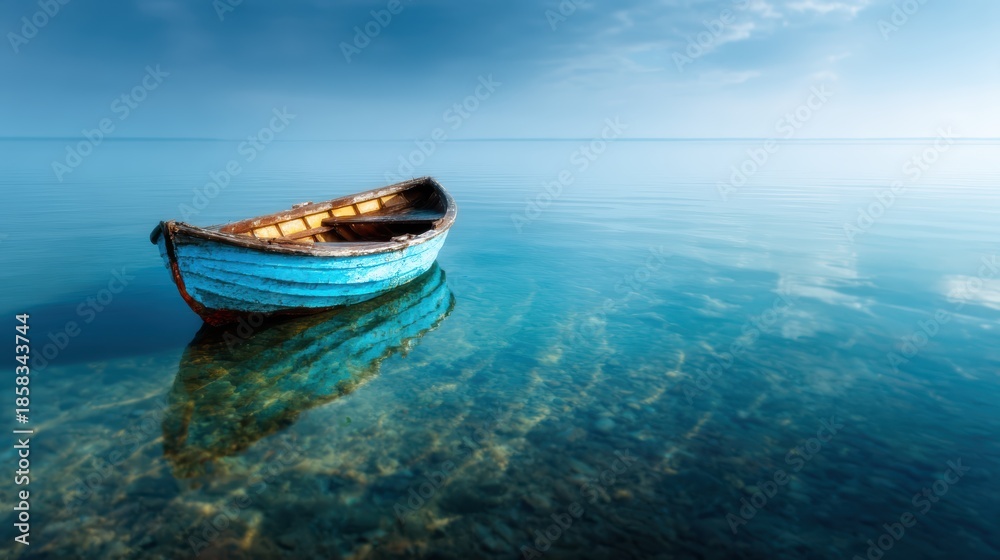 Naklejka premium This tranquil scene captures a small, weathered boat floating on crystal clear waters, with reflections of the sky, creating a peaceful and serene atmosphere.