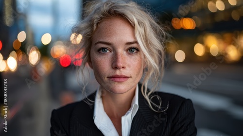 A striking portrait of a woman in a business suit, set against a bustling urban backdrop, embodies confidence and determination amidst the vibrant city life.