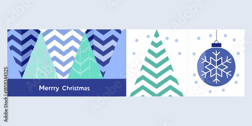 Festive christmas patterns trees ornaments and geometric designs in blue tones