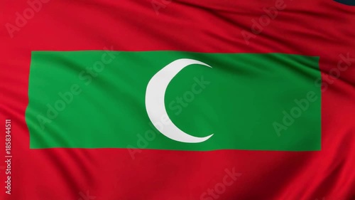 Ultra-realistic full-screen view of the Maldivian National Flag (3:2 ratio) softly flowing in a light breeze, cinematic 4K render.