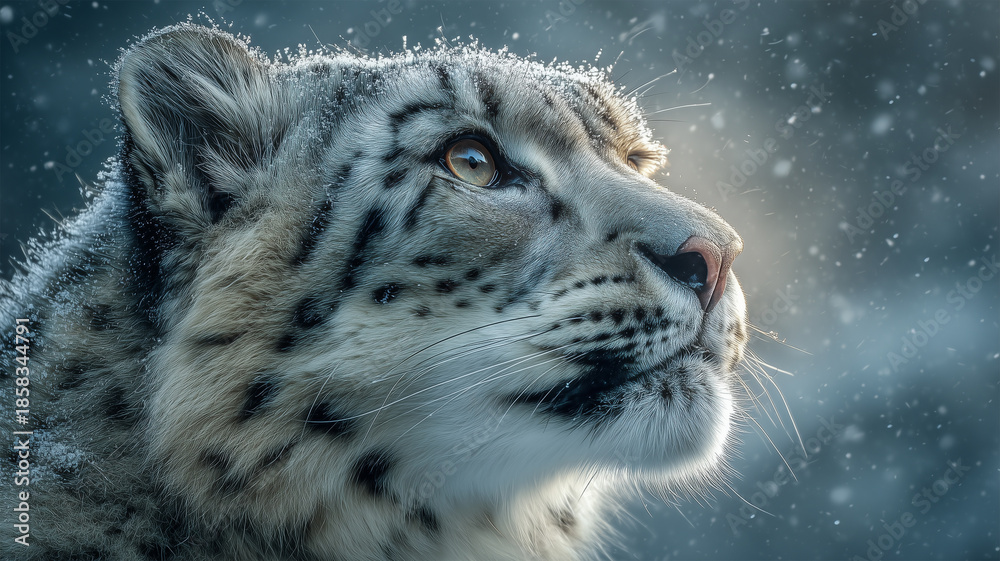 Obraz premium 雪の舞う深紅の背景でユキヒョウの冬毛を静かに強調した近接肖像