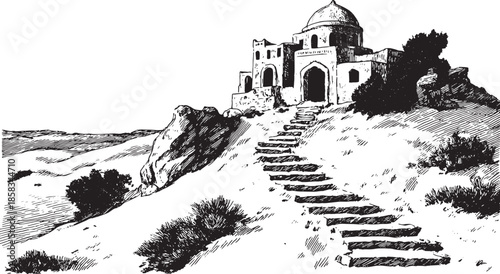 Vintage castle on a hill featuring stone stairs surrounded by nature. This black and white vector illustration showcases a scenic landscape set.
