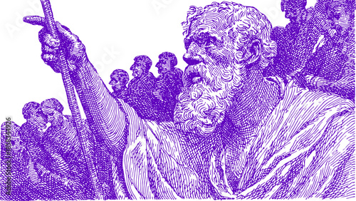 Historical philosopher portrait in purple lineart style. Group scene showcasing expression and culture in a vector illustration.