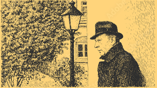 Vintage man in a hat outdoor portrait, featuring a street lamp and tree. Black and white vector illustration with detailed background.