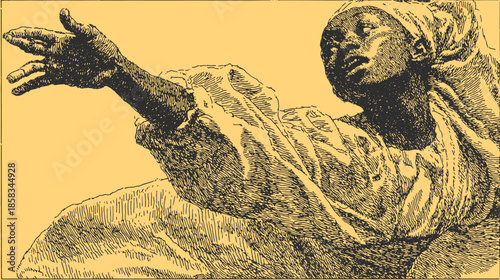 Woman's hand extended in a graceful pose. Vintage vector illustration showcasing artistry and line detail in a historical context.