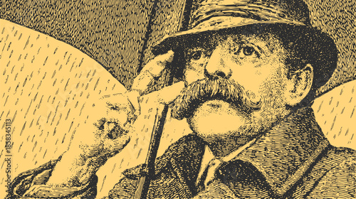 Vintage man with moustache holding an umbrella in a classic portrait style. Detailed line illustration in black and yellow vector set.