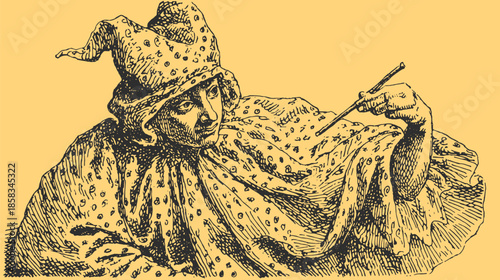 Jester portrait in vintage style. Detailed black and white vector illustration depicting a performer with a unique hat and artistic expression.
