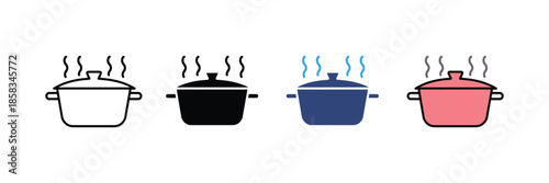  Cooking pots emitting steam icon set isolated on white background. cooking and kitchen preparation tools. cooking and kitchen elements. vector illustration