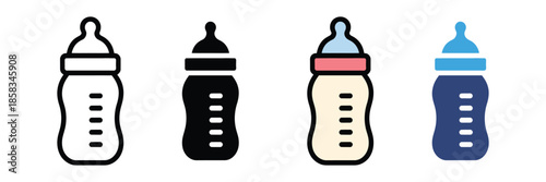 Collection of baby feeding bottle icon set isolated on white background, Vector illustration. Feeding bottle symbol. 
