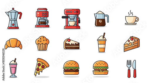 Collection of Delicious Food and Drink Icons for Cafes and Restaurants.