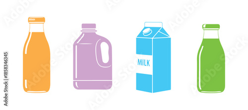Icon Set of Milk Jar and Bottle – Flat Vector Illustration of Dairy Drinks, Farm Products, and Beverage Symbols

