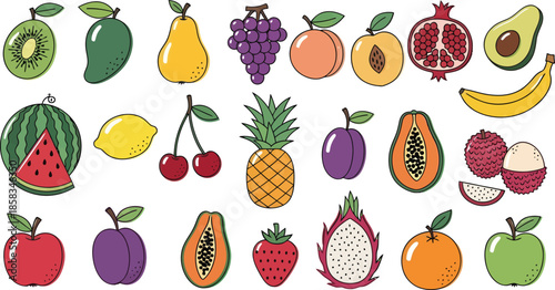 Colorful illustration of various fruits on white background apple banana cherry dragon