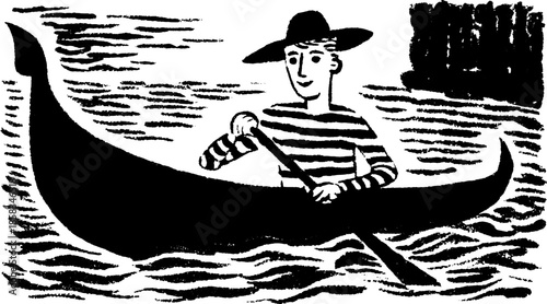 Rowing character in a striped outfit with a hat. Black and white vector illustration depicting a unique scene on the water.