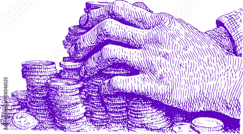 Hand stacking coins in a financial illustration. Purple, stylized vector artwork representing wealth and economy in vintage style.