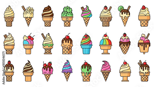 Collection of delicious ice cream cones in various flavors and styles.