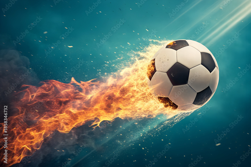 Naklejka premium Flaming Soccer Ball on Fire Trail Illustration, Soccer Ball with Flames Speed Motion Graphic, Fiery Football Flying Through Air Vector Art, Burning Soccer Ball Dynamic Energy Design, Passionate Soccer