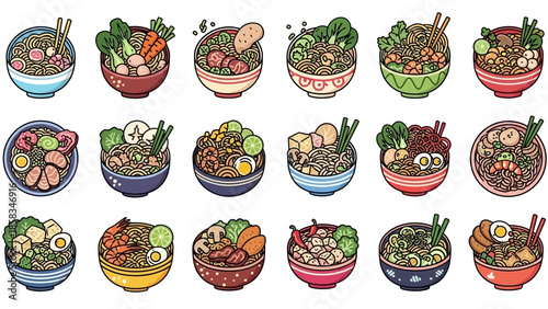 Collection of Delicious Ramen Noodle Bowls Illustration.