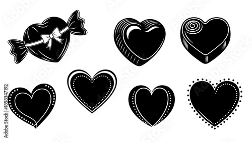 set of black heart shapes and silhouette for romantic graphic design