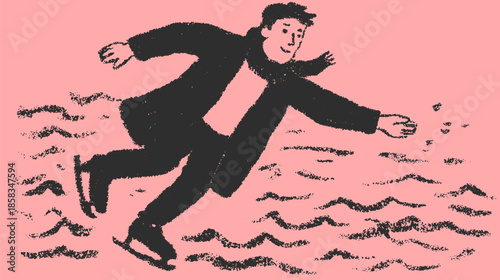 Man skating on ice in a playful manner. Simple vector illustration with a pink background.