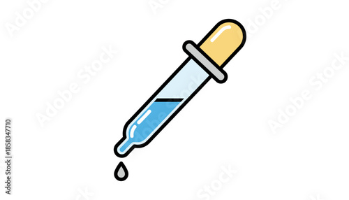 Pasteur pipette glass dropper releasing blue liquid isolated on white background chemistry concept