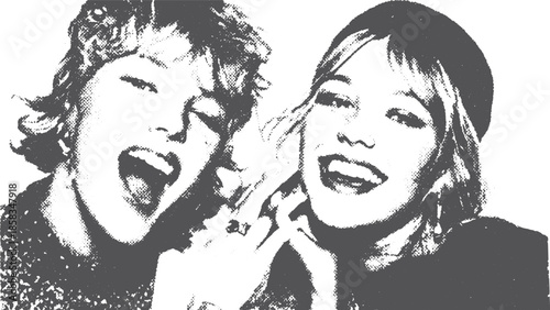 Two friends smiling and laughing in a playful vector illustration. Black and white art captures youthful joy and close-up expressions in a cheerful set.