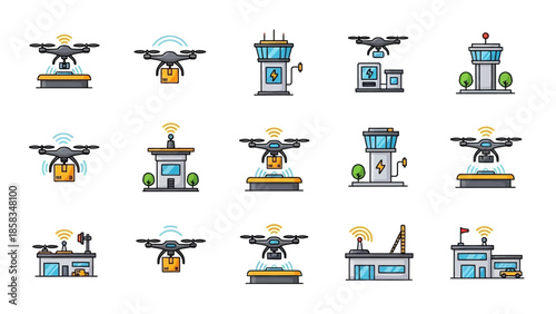 Collection of drone landing pads and control towers icons.